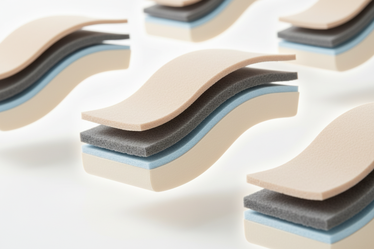 Macro close-up of the absorbent leakproof layers of maternity underwear, displayed as floating slices on a pure white background. Soft rim light, subtle shadow, premium medical-grade aesthetic. No text, no arrows. Ultra clean and modern, 4K.