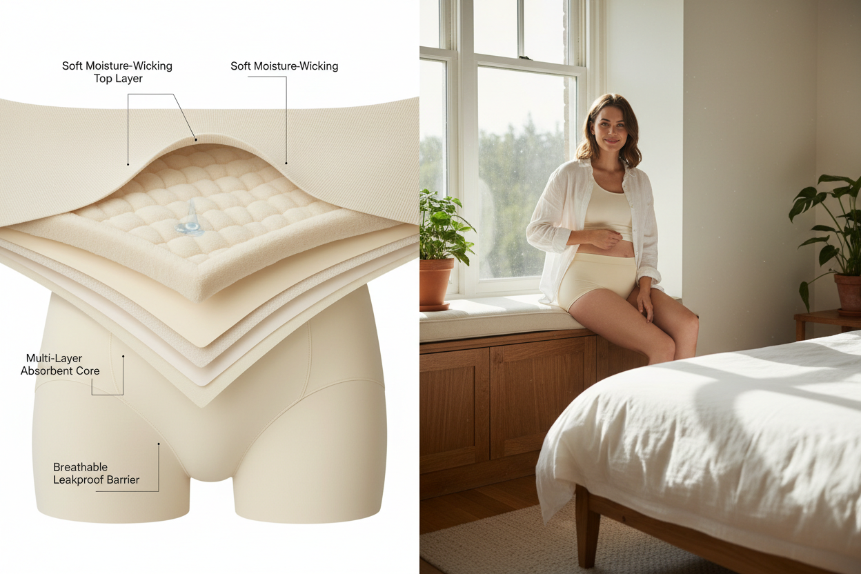 Split-scene editorial image: on the left, a clean technical close-up of the absorbent multi-layer system of leakproof maternity underwear; on the right, a postpartum mother smiling softly in a bright, airy UK bedroom, wearing the product confidently. Cream, white and wood tones. Soft diffused window light. Magazine-quality composition, 4K, ultra clean.