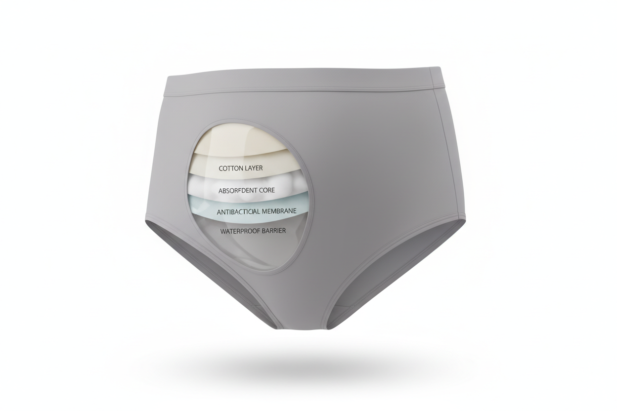 Ultra-realistic product shot of leakproof maternity underwear on a pure white background. Elegant transparent cutaway showing the multi-layer absorbent technology (cotton layer, absorbent core, antibacterial membrane, waterproof barrier). Soft studio lighting, floating clean shadows, no text. Premium UK e-commerce aesthetic, 4K, crisp details.