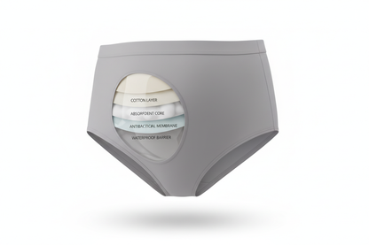 Ultra-realistic product shot of leakproof maternity underwear on a pure white background. Elegant transparent cutaway showing the multi-layer absorbent technology (cotton layer, absorbent core, antibacterial membrane, waterproof barrier). Soft studio lighting, floating clean shadows, no text. Premium UK e-commerce aesthetic, 4K, crisp details.
